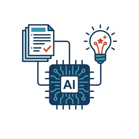 AIチップが書類を分析してひらめきの電球を出しているイラスト